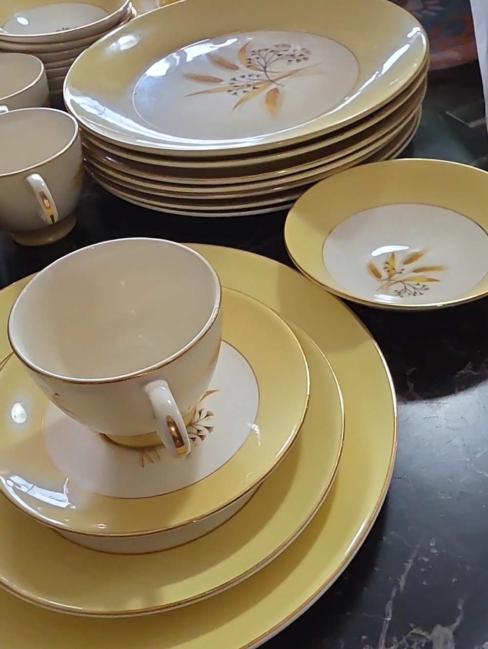 Yellow and White Floral Dinnerware with Gold Trim Accents
